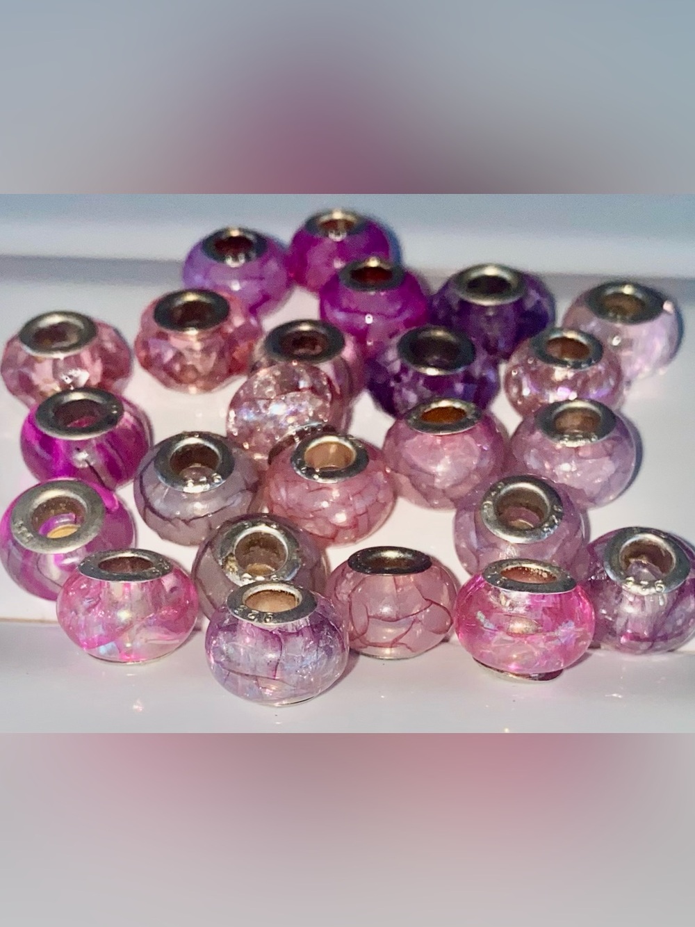 24 Pc Faceted Glass European Large Hole Beads ~ Pink/Purple Hues
